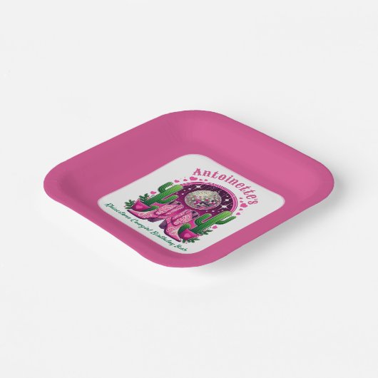 ネオンピンク女性のカーボーイブーツ&ディスコボールバチェロレッテ ペーパープレート (傾斜あり)