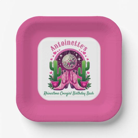 ネオンピンク女性のカーボーイブーツ&ディスコボールバチェロレッテ ペーパープレート (正面)