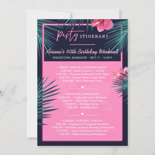 ネオンピンク熱帯の目的地の誕生日日程 招待状 (正面)