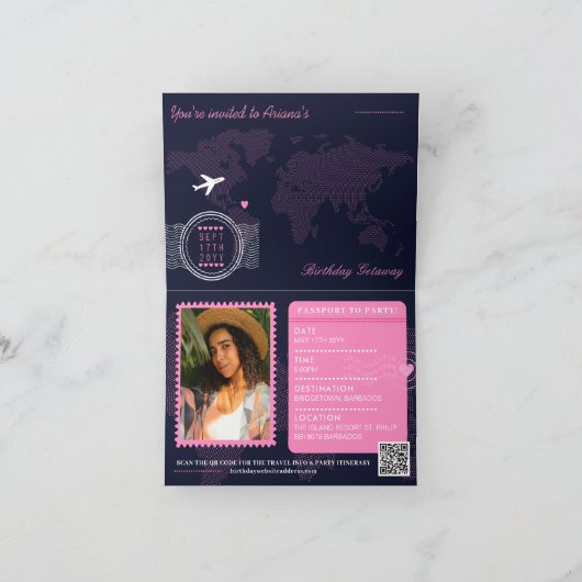 ネオンピンク熱帯パスポート目的地誕生日 招待状 (内部)