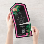 ネオンピンク熱帯レトロボタニカル結婚ズ オールインワン招待状 (貼ってはがせる)