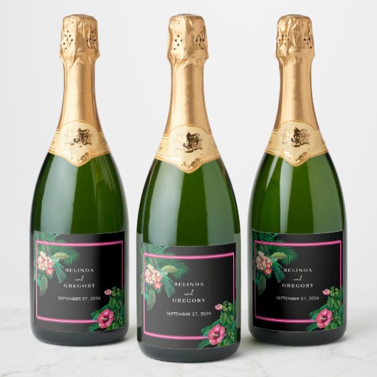 ネオンピンク熱帯レトロボタニカル結婚ズ スパークリングワインラベル (ボトル)