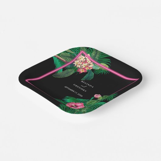 ネオンピンク熱帯レトロボタニカル結婚ズ ペーパープレート (傾斜あり)