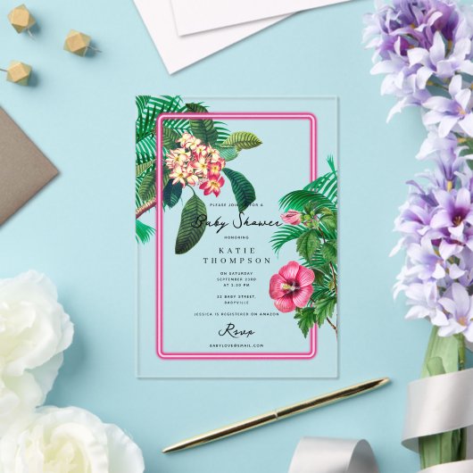 ネオンピンク熱帯植物学ベビーシャワー アクリル招待状 (インサイチュ (ウェディング))