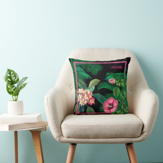 ネオンピンク熱帯植物学モノグラム クッション (椅子)