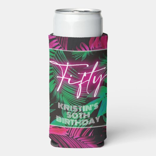 ネオンピンク熱帯50誕生日 スリム缶クーラー (Seltzer正面)