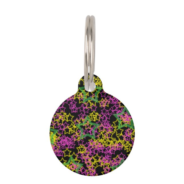 ネオンピンク緑と黄色の星模様 ペット　ネームタグ (正面)