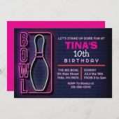 ネオンピンク誕生日パーティーボーリング大人お祝い 招待状 (正面/裏面)