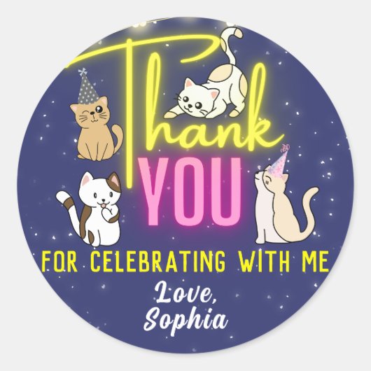ネオンピンク黄色い輝く可愛い猫たちありがとうございます ラウンドシール (正面)