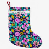 ネオンピンク黄葉フローラ水彩パターン スモールクリスマスストッキング (正面)