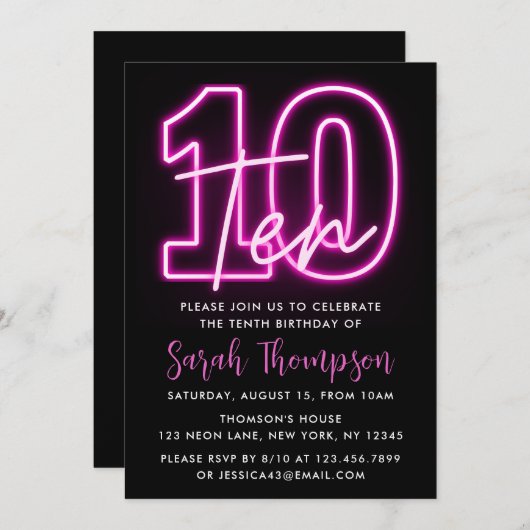 ネオンピンク10誕生日招待状 招待状 (正面/裏面)