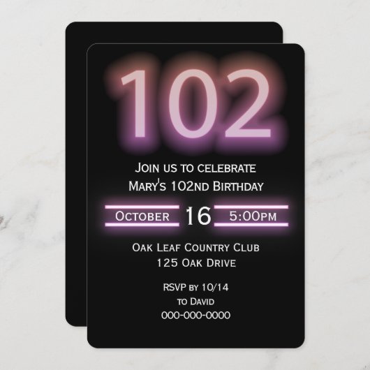 ネオンピンク102nd誕生日パーティーへの招待 招待状 (正面/裏面)