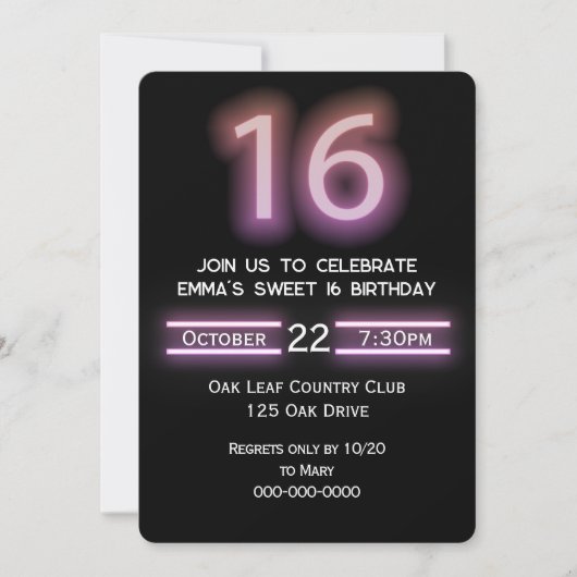 ネオンピンク16th誕生日パーティー 招待状 (正面)