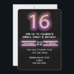 ネオンピンク16th誕生日パーティー 招待状<br><div class="desc">16白熱［赤熱］光を放つ歳の誕生日パーティーのための黒い背景のピンクのネオン番号すべての文字は編集可能である。黒の背景色は変更できる。</div>