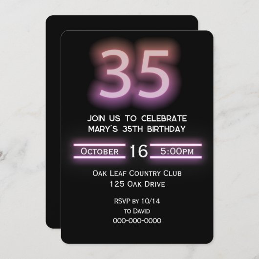 ネオンピンク35th誕生日パーティーへの招待 招待状 (正面/裏面)