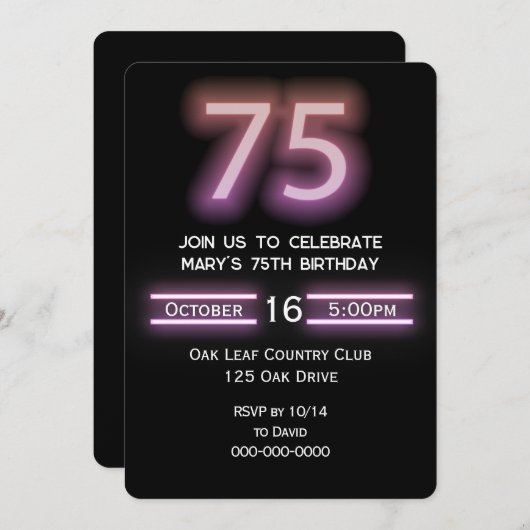 ネオンピンク75th誕生日パーティーへの招待 招待状 (正面/裏面)