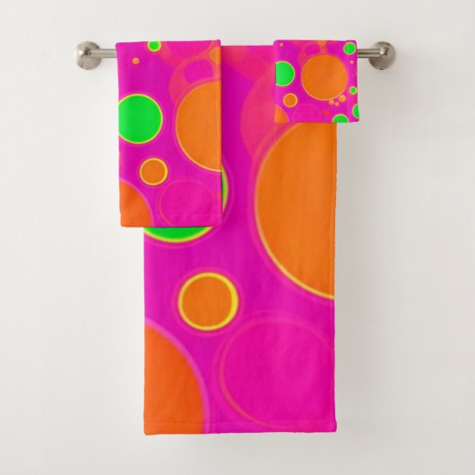 ネオンピンク&グリーンレトロサークルデザイン バスタオルセット (インサイチュ)