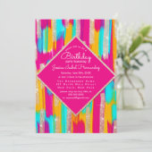 ネオンピンク ティール イエロー ゴールド グリッター ペイント バースデー 招待状 (スタンド正面)