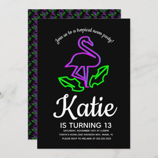 ネオンピンク フラミンゴ グロー パーティー トロピカル ティーン 招待状 (正面/裏面)