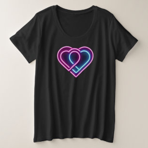 ネオンピンク/ブルーハートバレンタインデー プラスサイズTシャツ