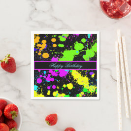 ネオンピ絵を描ックグリーンパープルイエローハッピーバースデー スタンダードカクテルナプキン