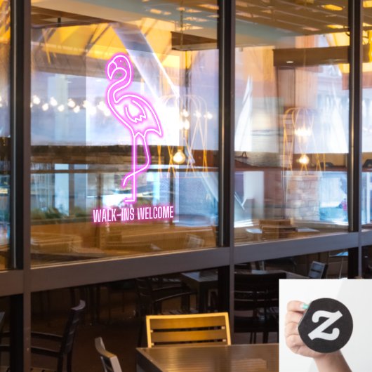 ネオンフェイクピンクフラミンゴウォークインウェルカム ウィンドウサイン (レストラン窓)