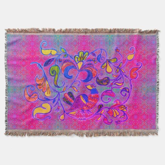 ネオンフォークアートローズマリンバード&離れズ スローブランケット (正面)