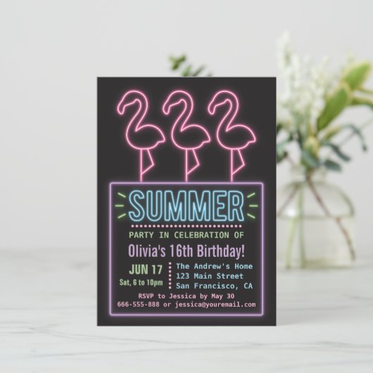 ネオンフフェイクラミンゴ夏の16歳の誕生日パーティー 招待状 (スタンド正面)