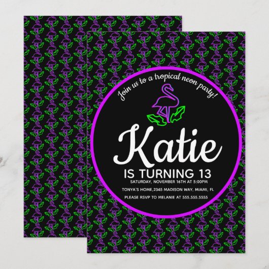 ネオンフラミンゴ グローパーティー トロピカル パープル 招待状 (正面/裏面)