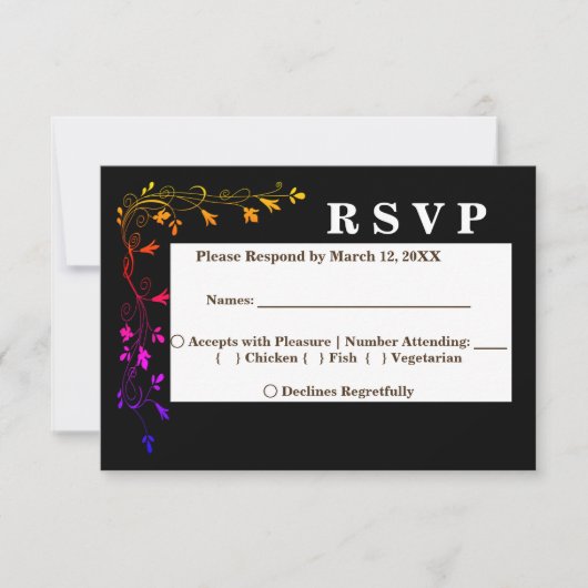 ネオンフローラつる植物の黒い背景RSVPメニュー 招待状 (正面)