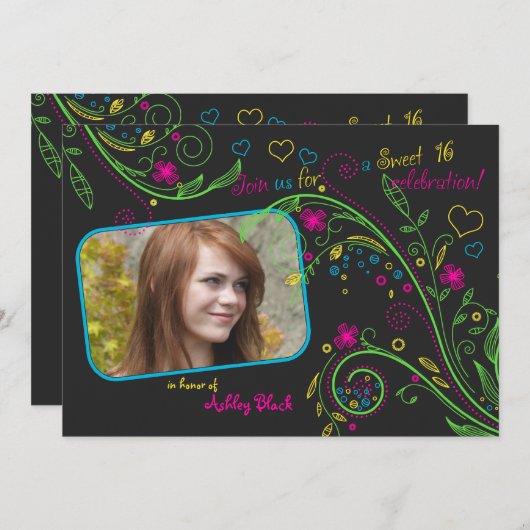 ネオンフローラフォトスウィート16誕生日招待状 招待状 (正面/裏面)