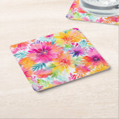 ネオンフローラ水彩パーティー スクエアペーパーコースター (アングル)