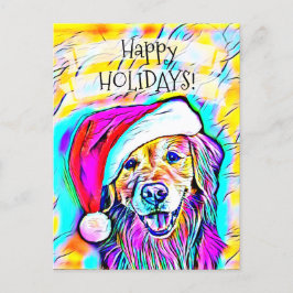 ネオンブライトカラーズクリスマスゴールデンレトリバーアート シーズンポストカード