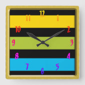 ネオンブライトトレンディーファッションカラフル金ゴールドフレーム スクエア壁時計 (正面)