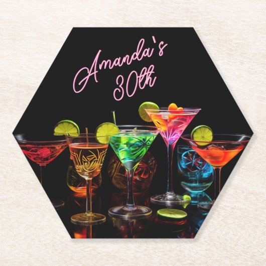 ネオンブラックライトアダルトカクテル誕生日 ペーパーコースター (正面)