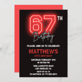 ネオンブラックレッドメンズスポーツ67歳の誕生日 招待状 (正面/裏面)