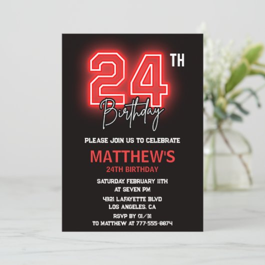 ネオンブラック24歳の誕生日の招待状メンズ誕生日 招待状 (スタンド正面)