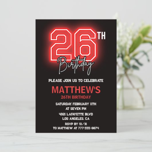 ネオンブラック26歳の誕生日の招待状メンズ誕生日 招待状 (スタンド正面)