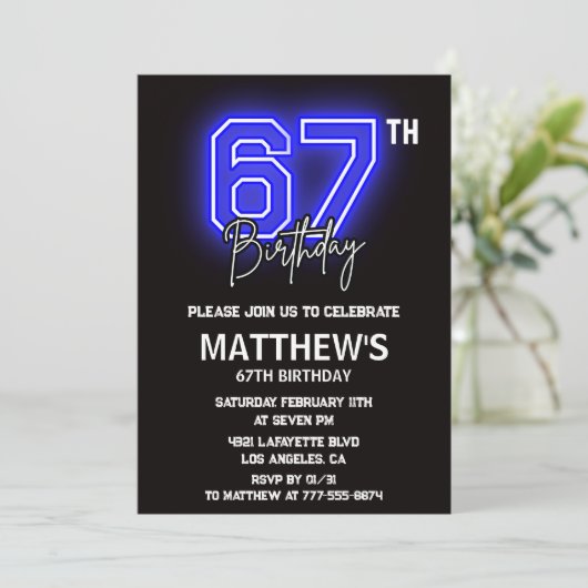 ネオンブラック67th誕生日招待状メンズスポーツ 招待状 (スタンド正面)