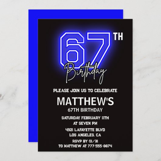 ネオンブラック67th誕生日招待状メンズスポーツ 招待状 (正面/裏面)