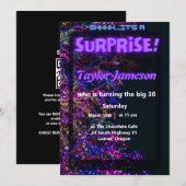 ネオンブラック モダン サプライズ ご招待 QRコード RSVP 招待状 (正面/裏面)