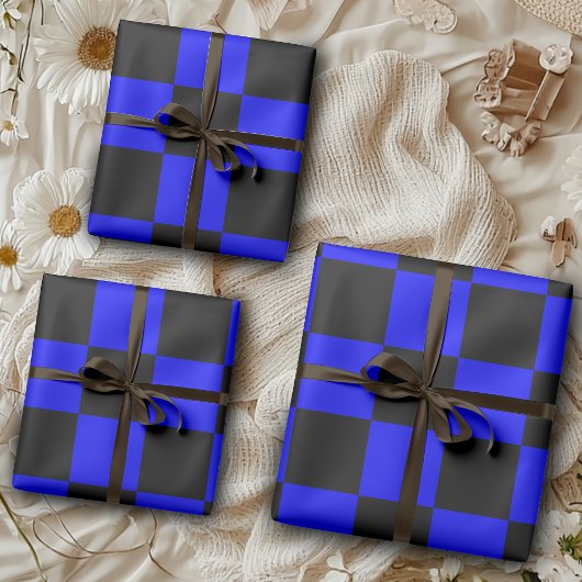 ネオンブルーとブラックチェッ市松模様にカーボードヴィンテージ ラッピングペーパーシート