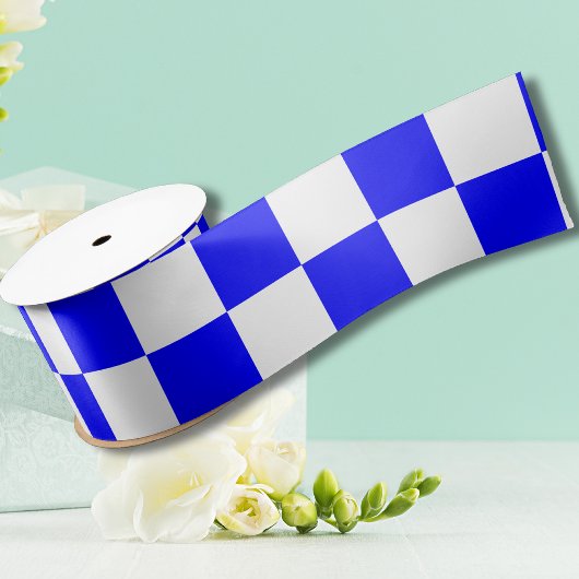 ネオンブルーとホワイトチェッ市松模様にカーボードヴィンテージ サテンリボン