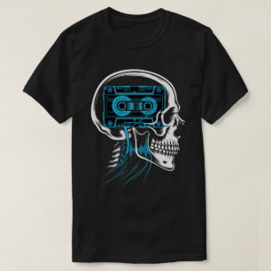 ネオンブルーのカセットテープ スカル サウンドウェーブ アート Tシャツ