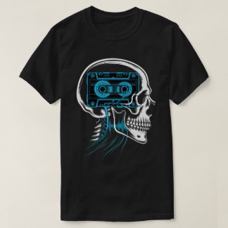 ネオンブルーのカセットテープ スカル サウンドウェーブ アート Tシャツ