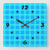 ネオンブルーの明るいチェックパターン スクエア壁時計 (正面)
