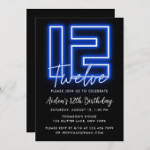 ネオンブルーの12歳誕生日パーティー招待状 招待状 (正面/裏面)