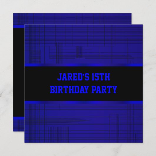 ネオンブルーブラックストライプボーイズ15thバースデーパーティー 招待状 (正面/裏面)