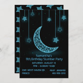 ネオンブルームーン&スターズバースデーパーティーへの招待 招待状 (正面/裏面)
