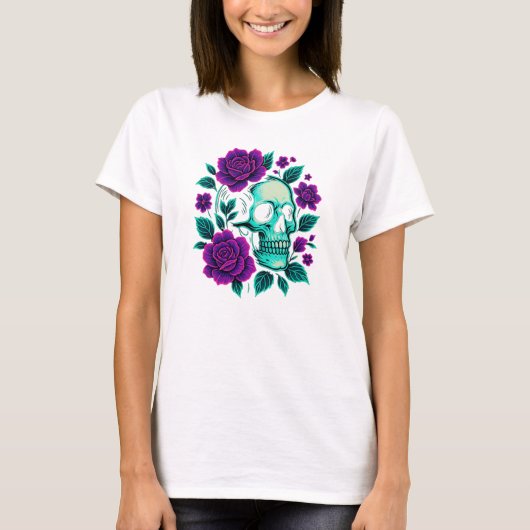 ネオンブルーム - バラの中のドクロ Tシャツ (正面)